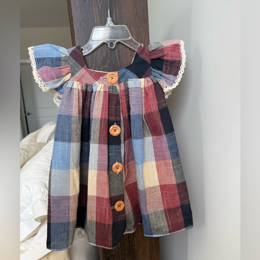 NWT Laura Ashley Multicolor Plaid pinafore style dress with Lace Trim size 18 mo